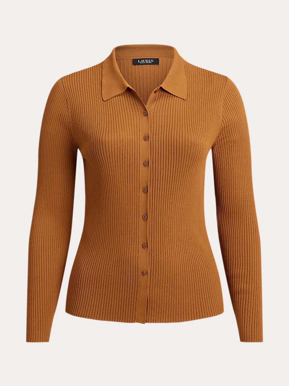 Lauren Ralph Lauren Ribbed Button-Front Polo Sweater in Camel Brown